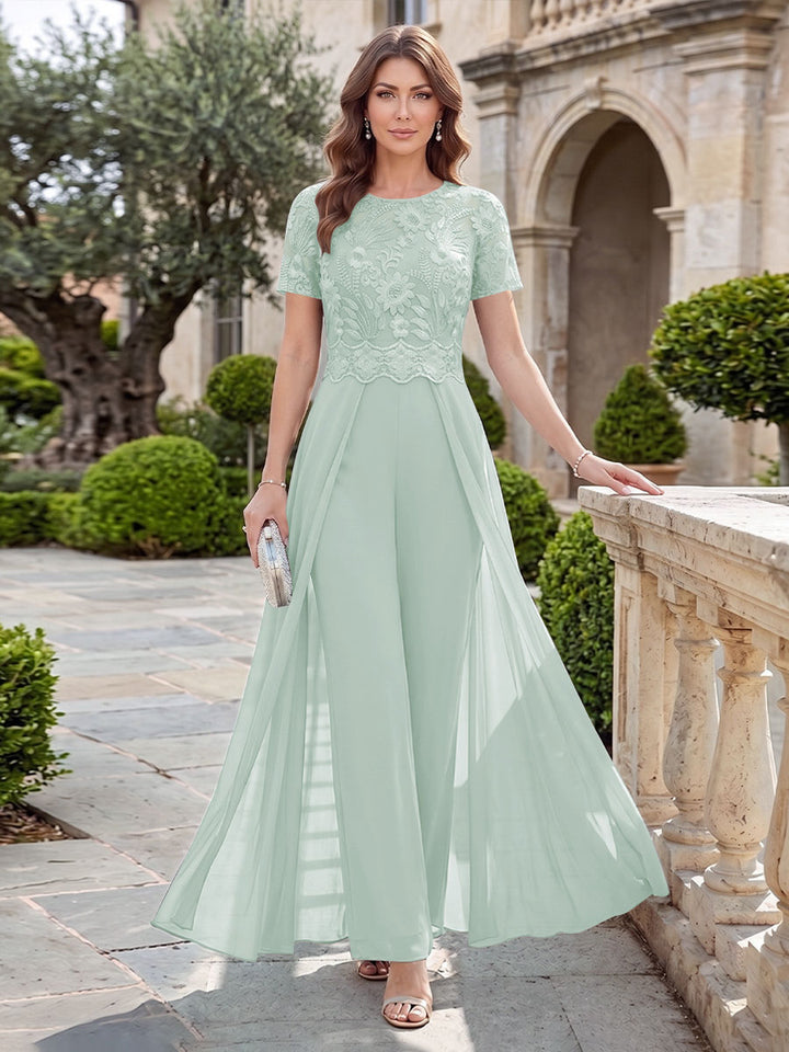A-Line/Princess Scoop Short Sleeves Jumpsuit with Applique