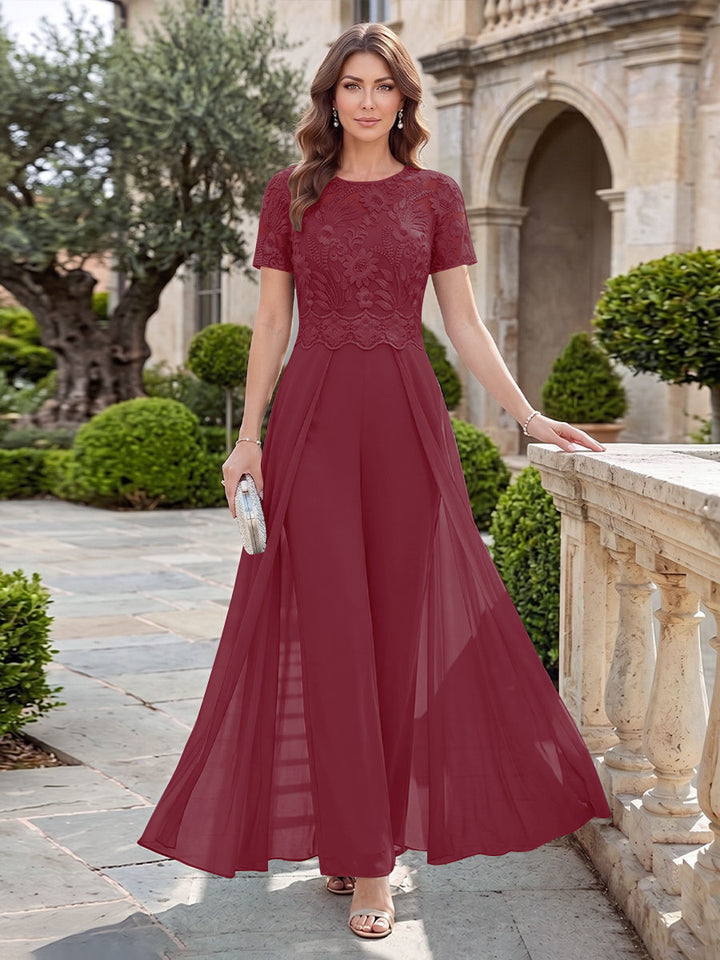 A-Line/Princess Scoop Short Sleeves Jumpsuit with Applique