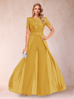 A-Line/Princess Scoop Short Sleeves Jumpsuit with Applique