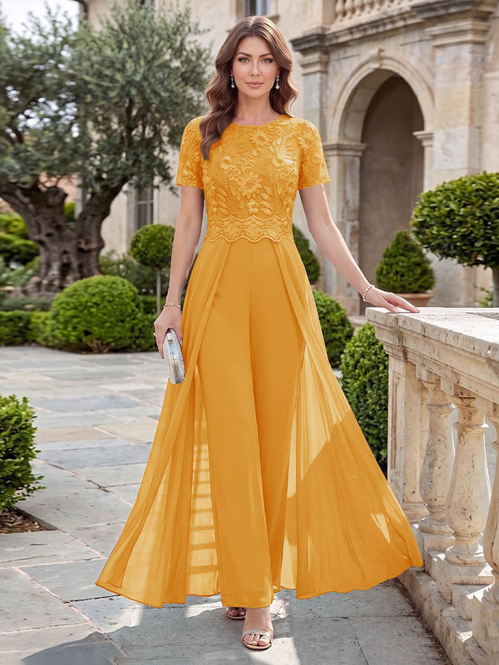 A-Line/Princess Scoop Short Sleeves Jumpsuit with Applique