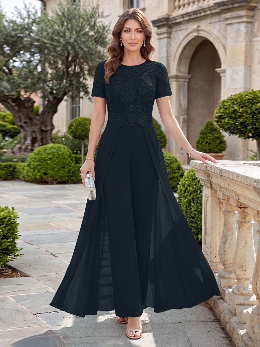 A-Line/Princess Scoop Short Sleeves Jumpsuit with Applique