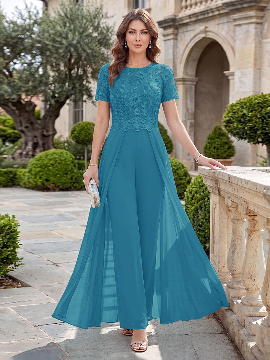 A-Line/Princess Scoop Short Sleeves Jumpsuit with Applique