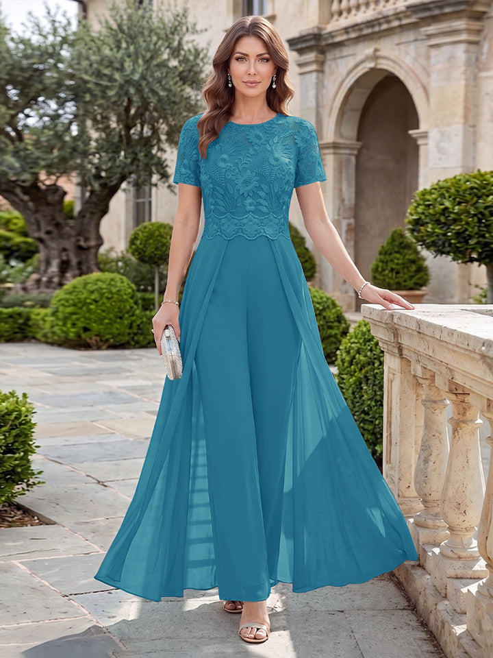 A-Line/Princess Scoop Short Sleeves Jumpsuit with Applique