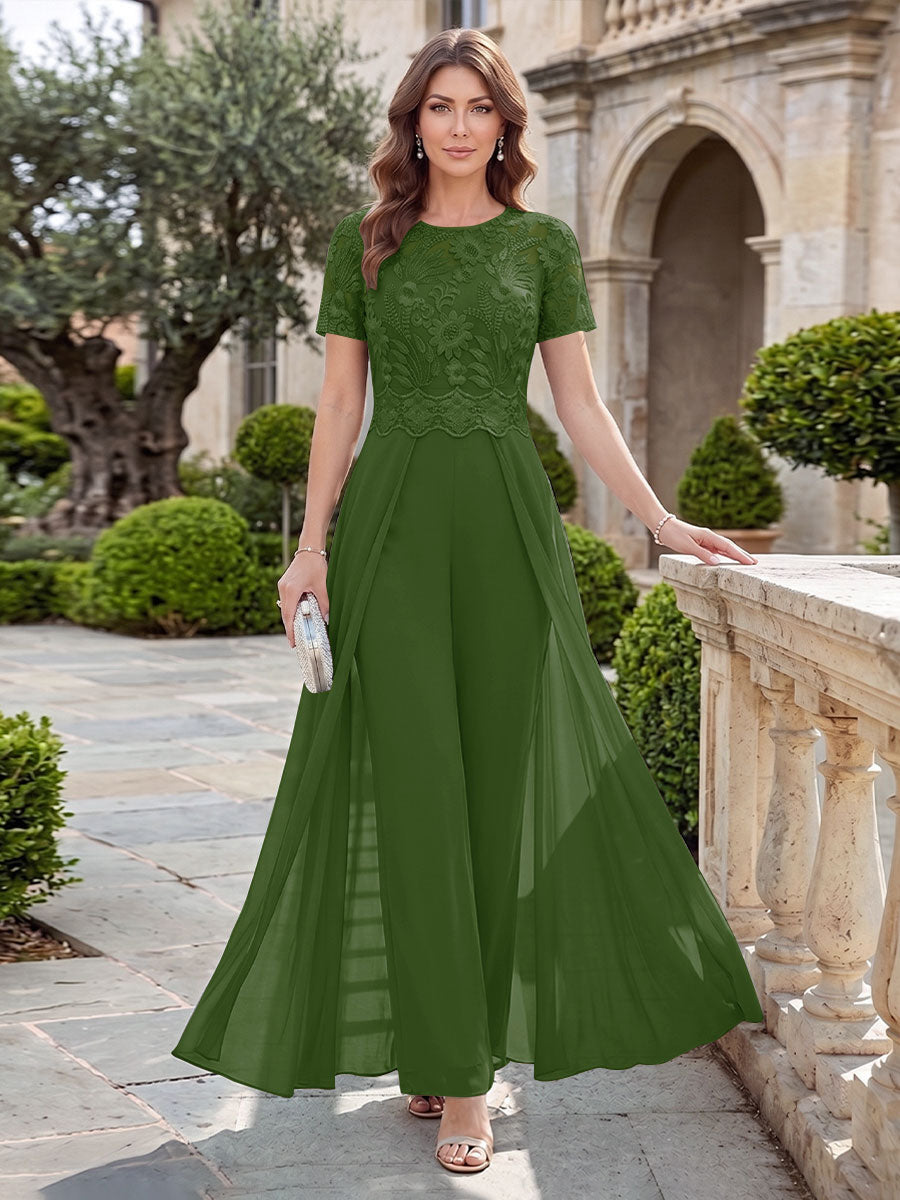 A-Line/Princess Scoop Short Sleeves Jumpsuit with Applique