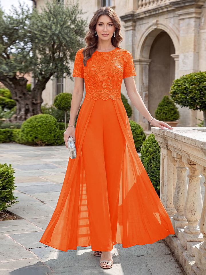 A-Line/Princess Scoop Short Sleeves Jumpsuit with Applique