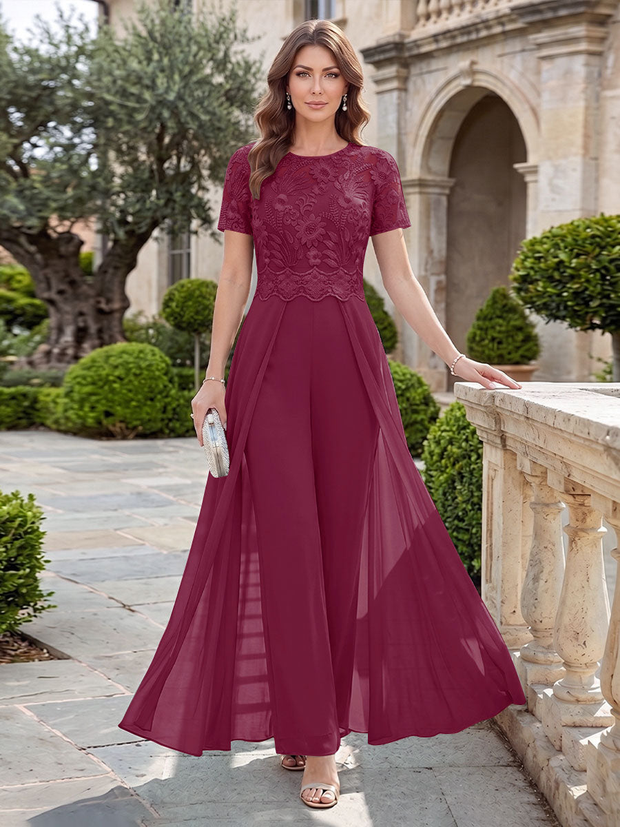 A-Line/Princess Scoop Short Sleeves Jumpsuit with Applique