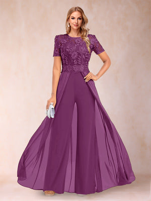 A-Line/Princess Scoop Short Sleeves Jumpsuit with Applique