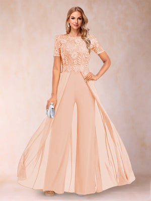 A-Line/Princess Scoop Short Sleeves Jumpsuit with Applique