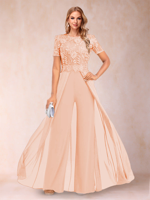 A-Line/Princess Scoop Short Sleeves Jumpsuit with Applique