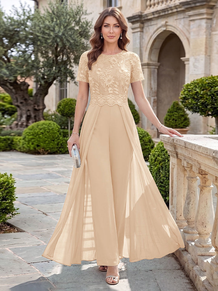 A-Line/Princess Scoop Short Sleeves Jumpsuit with Applique