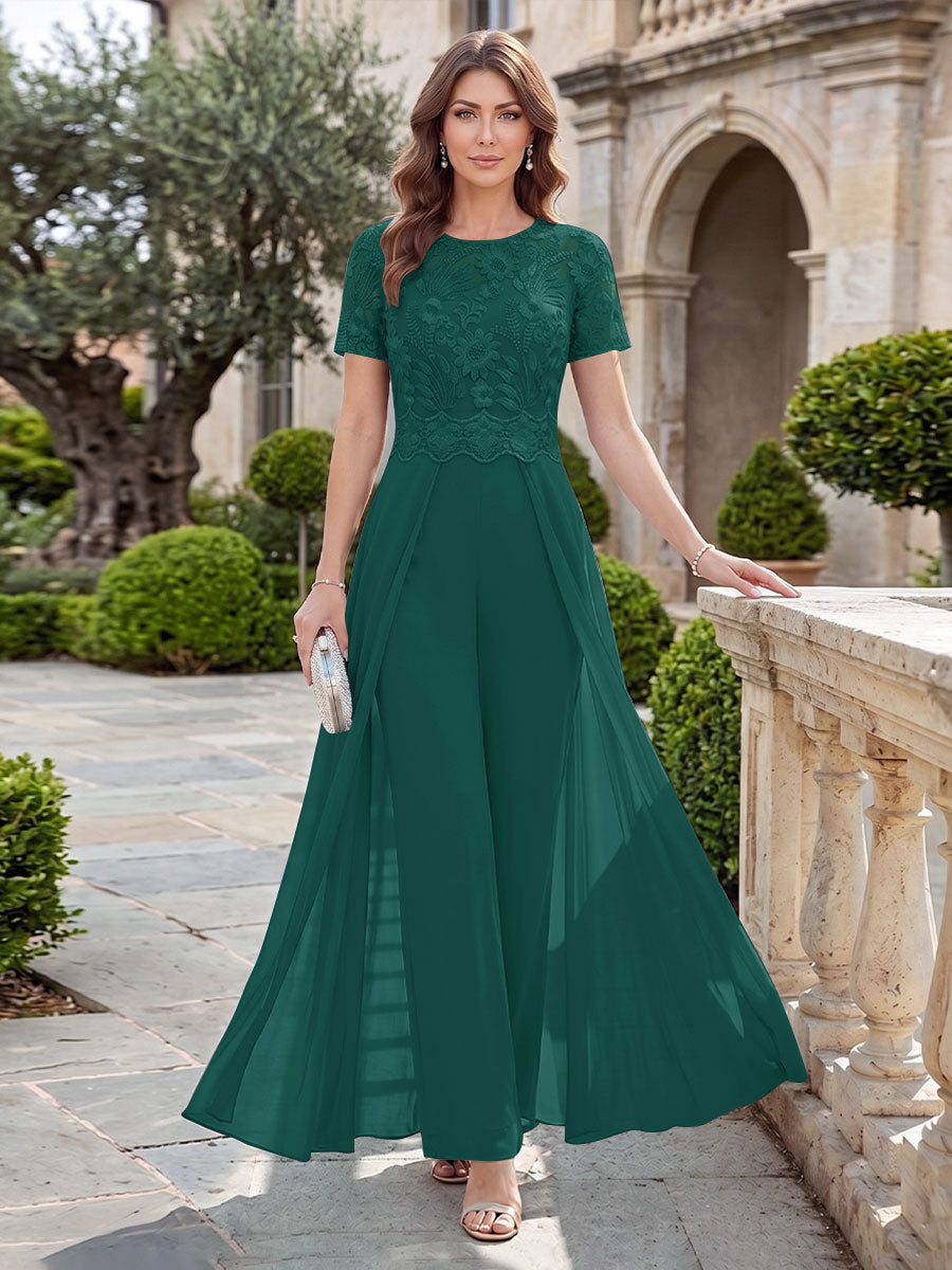 A-Line/Princess Scoop Short Sleeves Jumpsuit with Applique