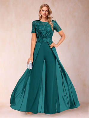 A-Line/Princess Scoop Short Sleeves Jumpsuit with Applique