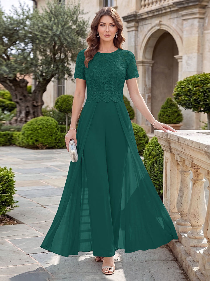 A-Line/Princess Scoop Short Sleeves Jumpsuit with Applique