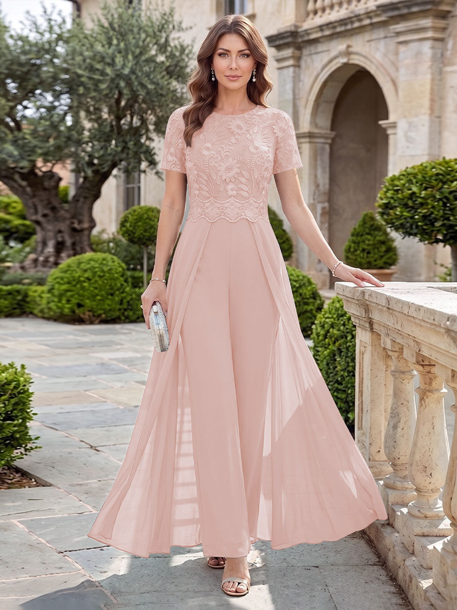 A-Line/Princess Scoop Short Sleeves Jumpsuit with Applique