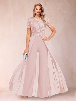 A-Line/Princess Scoop Short Sleeves Jumpsuit with Applique