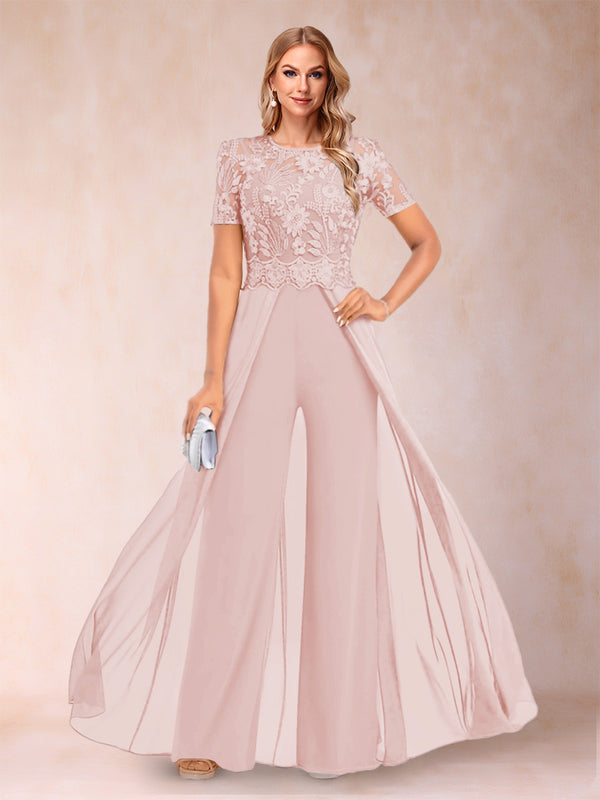 A-Line/Princess Scoop Short Sleeves Jumpsuit with Applique