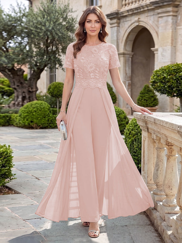 A-Line/Princess Scoop Short Sleeves Jumpsuit with Applique