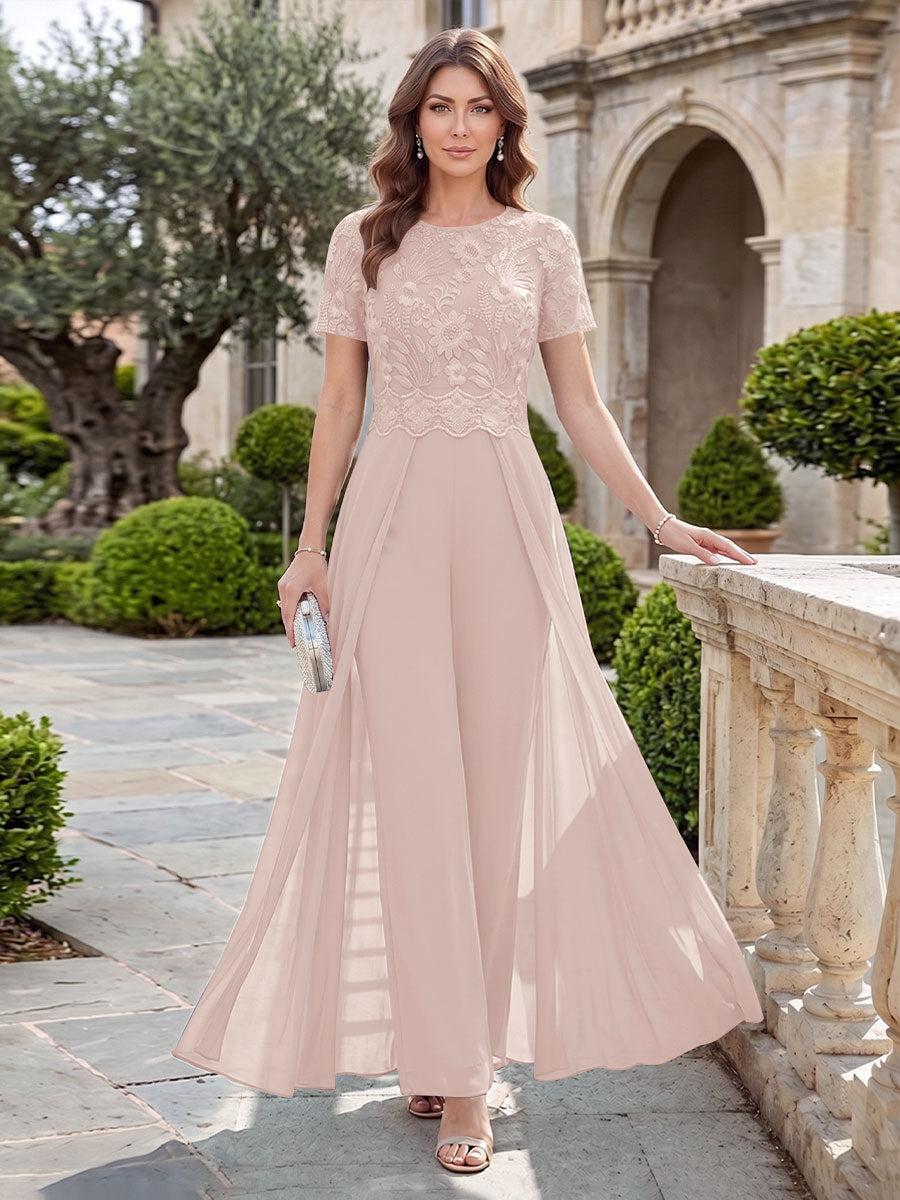 A-Line/Princess Scoop Short Sleeves Jumpsuit with Applique