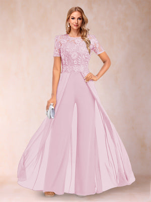 A-Line/Princess Scoop Short Sleeves Jumpsuit with Applique