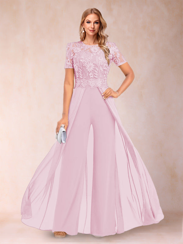 A-Line/Princess Scoop Short Sleeves Jumpsuit with Applique