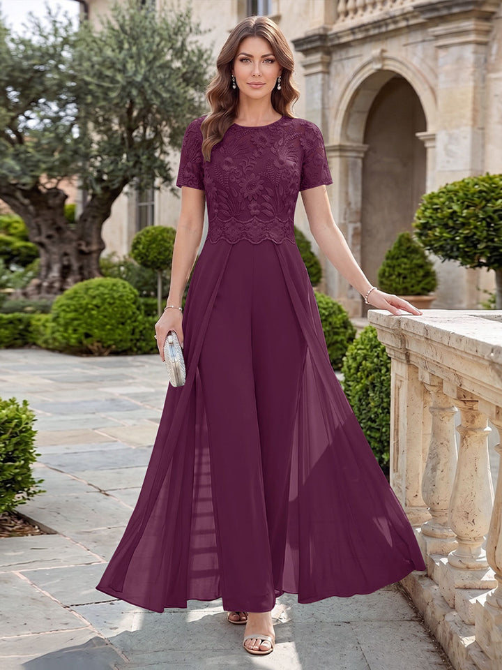 A-Line/Princess Scoop Short Sleeves Jumpsuit with Applique