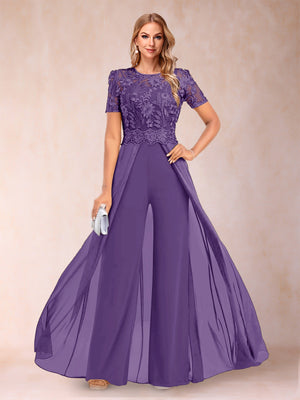 A-Line/Princess Scoop Short Sleeves Jumpsuit with Applique