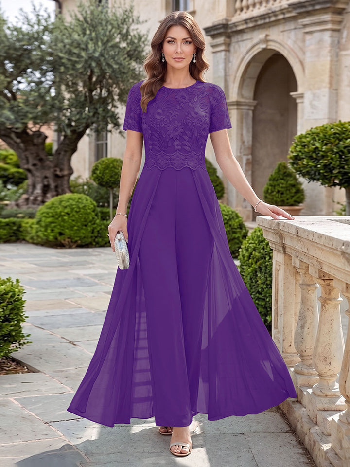 A-Line/Princess Scoop Short Sleeves Jumpsuit with Applique
