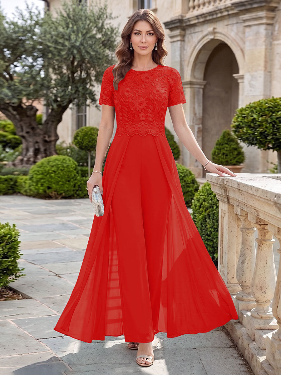 A-Line/Princess Scoop Short Sleeves Jumpsuit with Applique