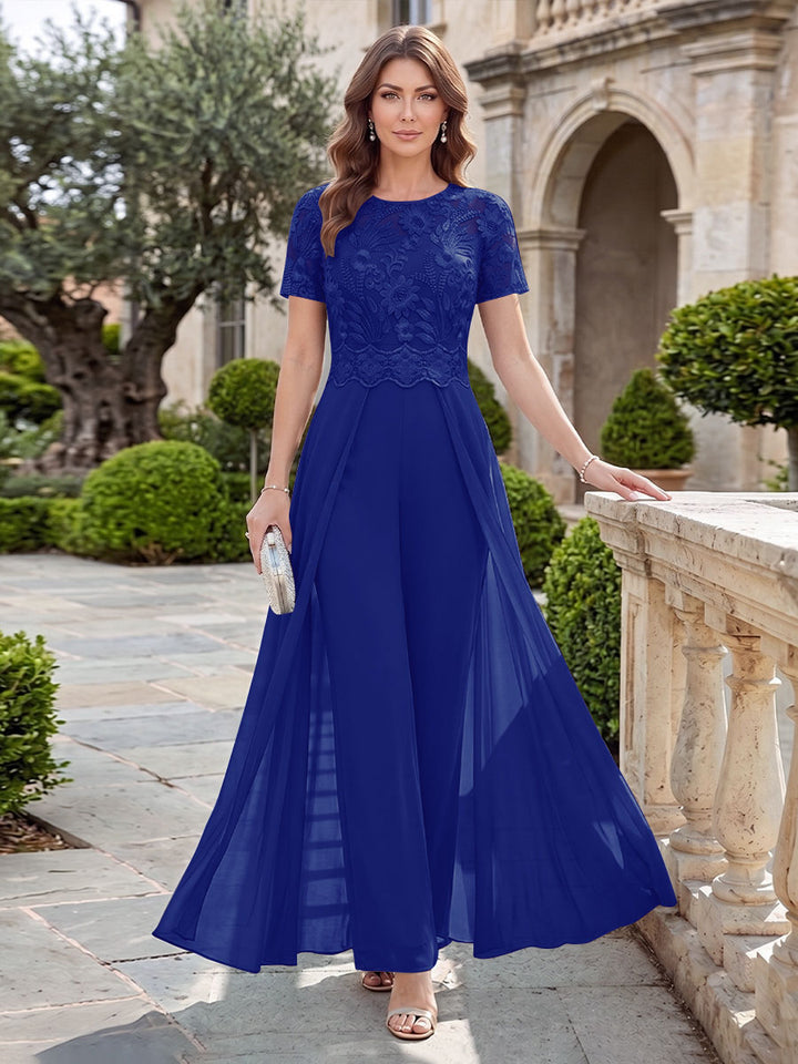 A-Line/Princess Scoop Short Sleeves Jumpsuit with Applique