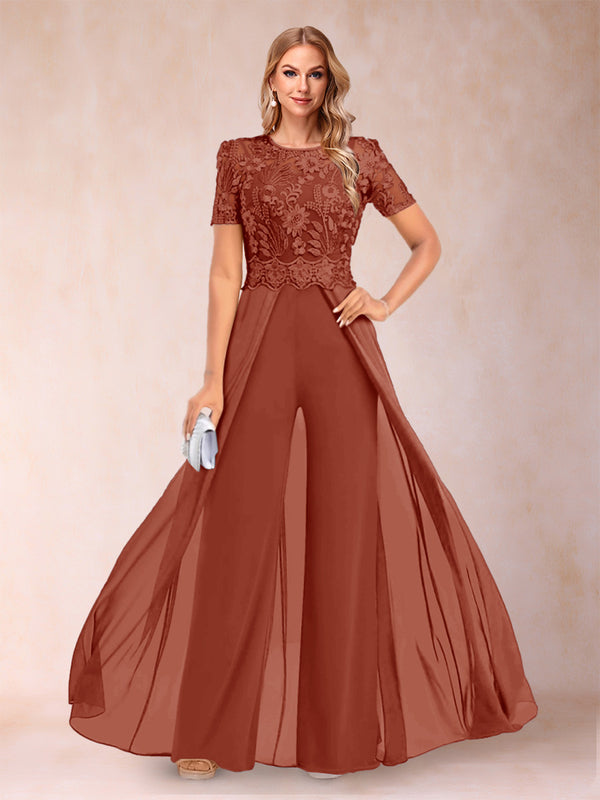 A-Line/Princess Scoop Short Sleeves Jumpsuit with Applique