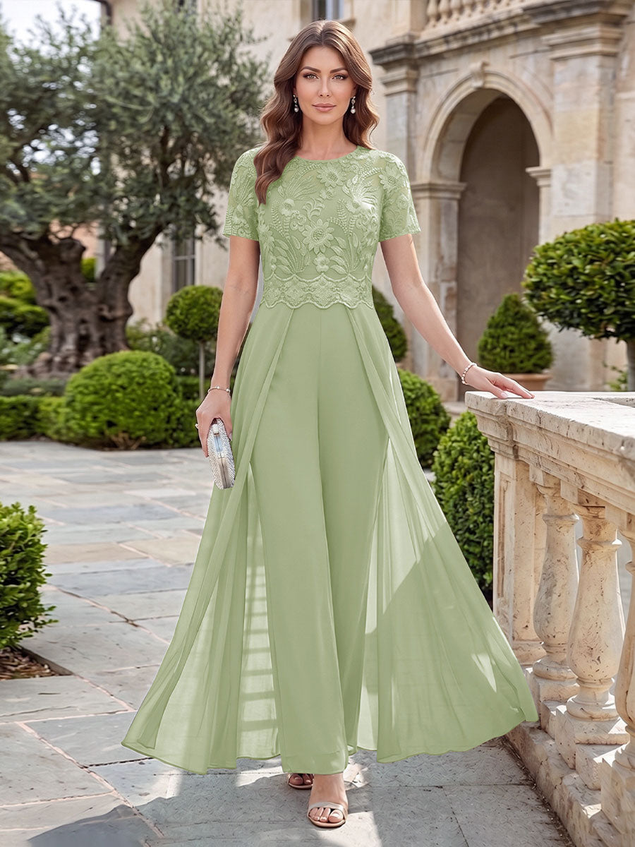 A-Line/Princess Scoop Short Sleeves Jumpsuit with Applique