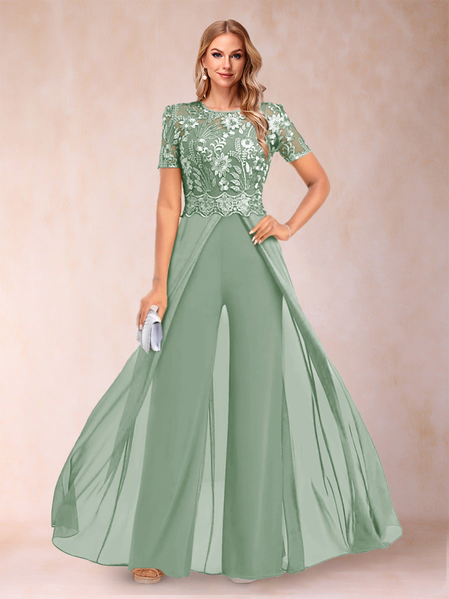 A-Line/Princess Scoop Short Sleeves 2 Pieces Pantsuits with Applique