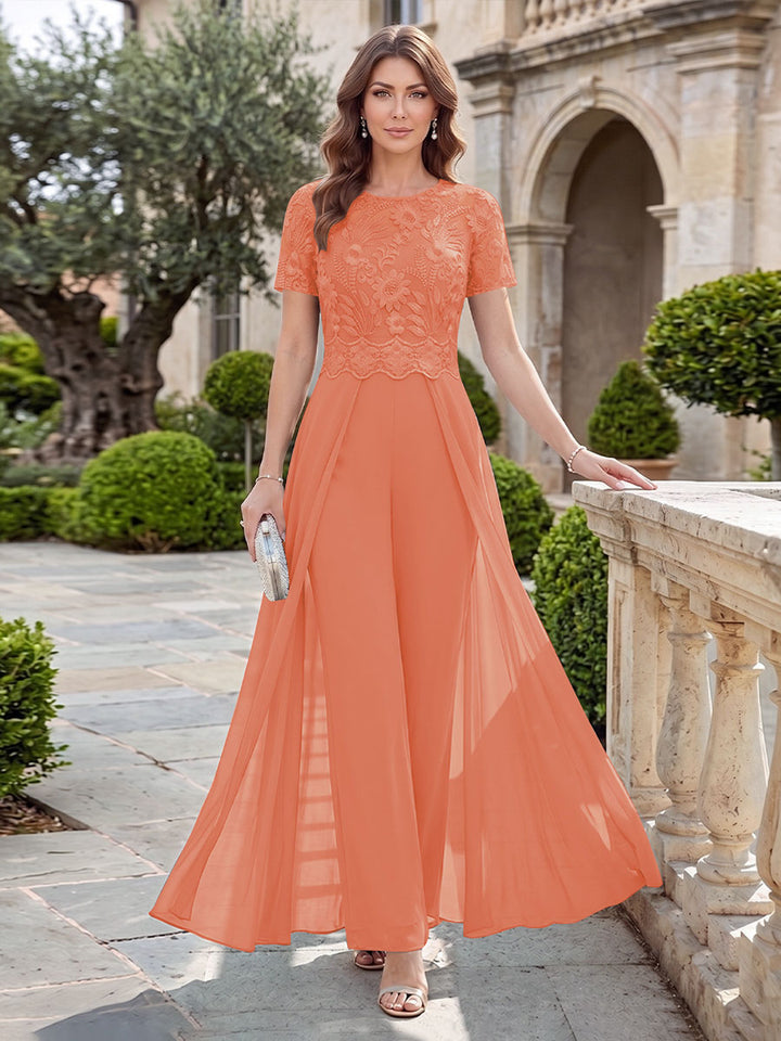 A-Line/Princess Scoop Short Sleeves Jumpsuit with Applique