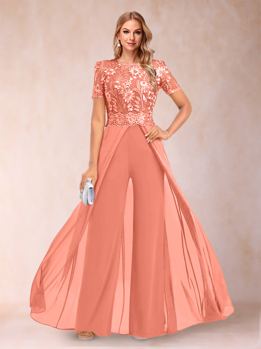 A-Line/Princess Scoop Short Sleeves 2 Pieces Pantsuits with Applique