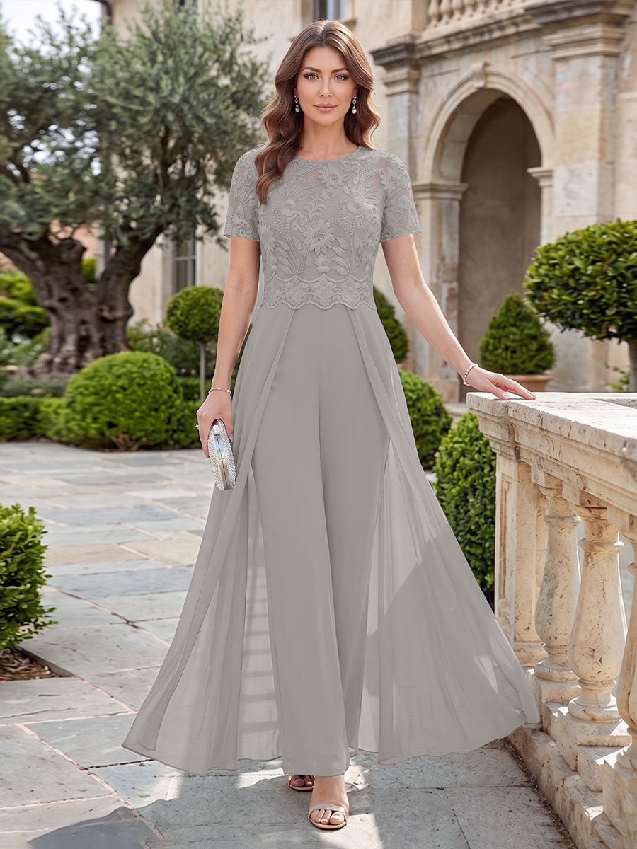 A-Line/Princess Scoop Short Sleeves Jumpsuit with Applique