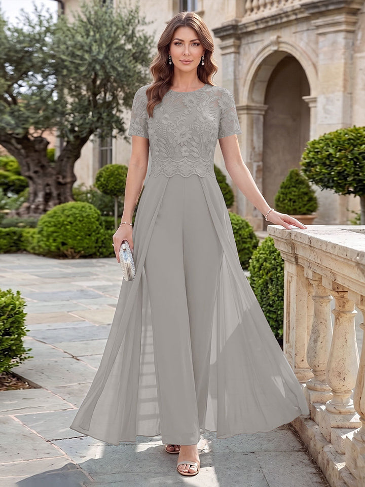 A-Line/Princess Scoop Short Sleeves Jumpsuit with Applique
