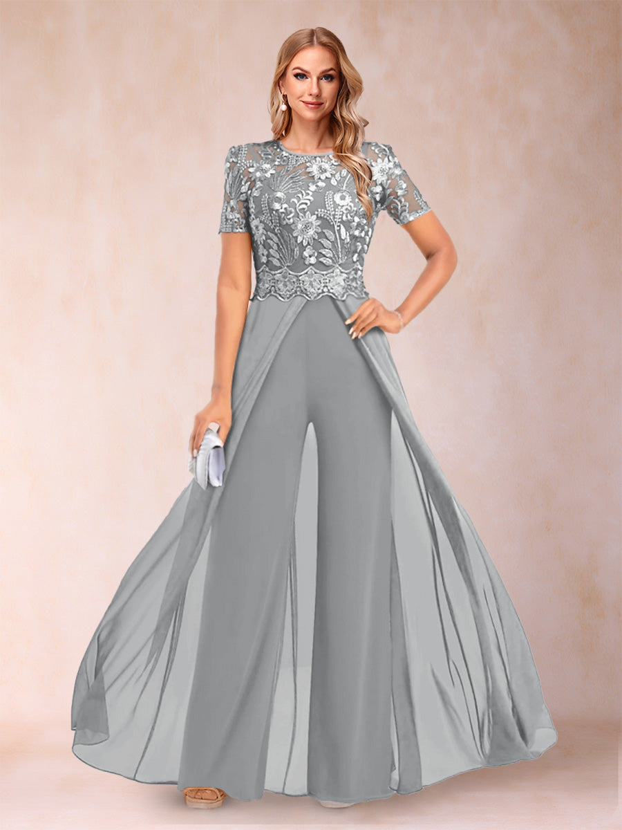 A-Line/Princess Scoop Short Sleeves 2 Pieces Pantsuits with Applique