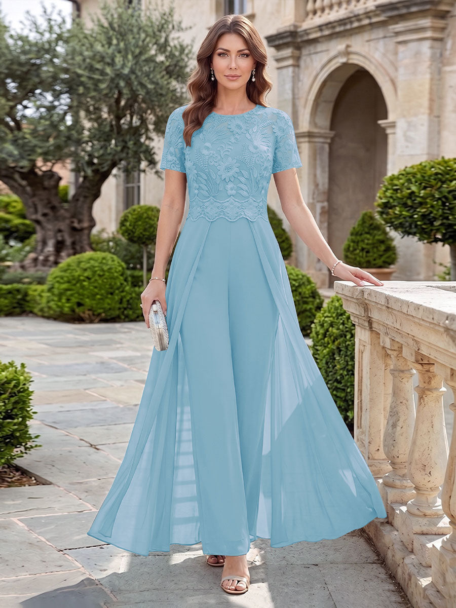 A-Line/Princess Scoop Short Sleeves Jumpsuit with Applique