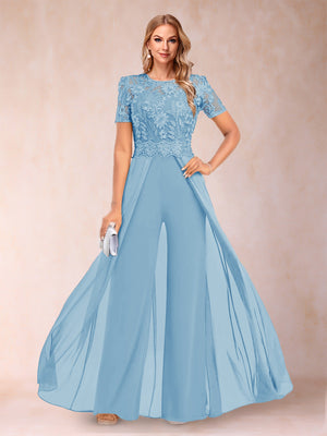 A-Line/Princess Scoop Short Sleeves Jumpsuit with Applique