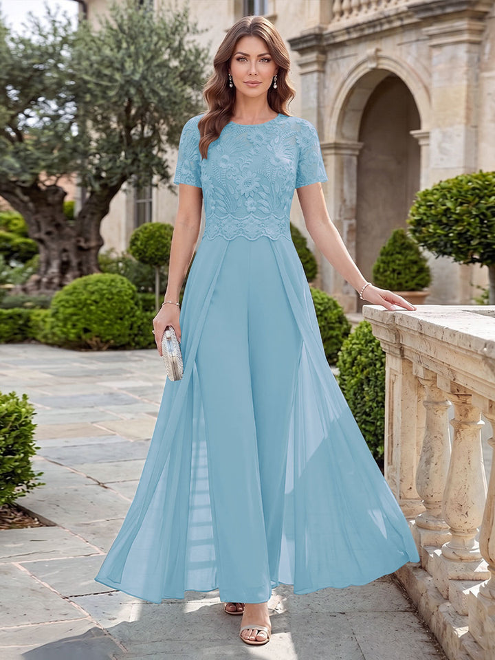 A-Line/Princess Scoop Short Sleeves Jumpsuit with Applique
