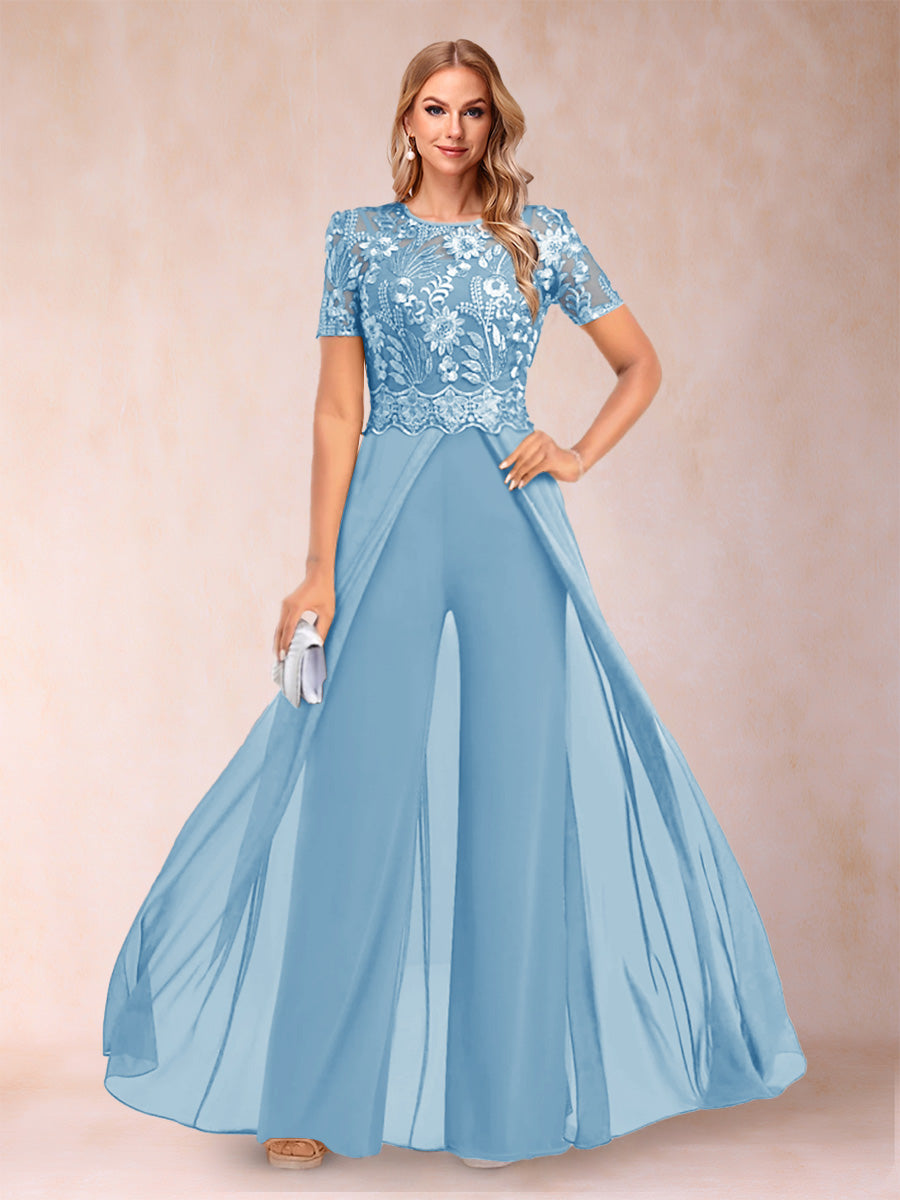 A-Line/Princess Scoop Short Sleeves 2 Pieces Pantsuits with Applique