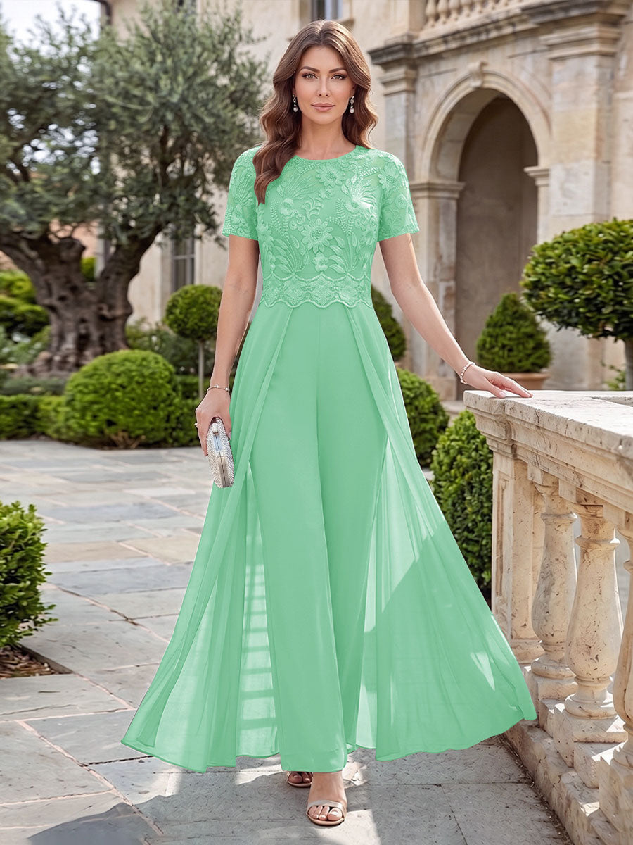 A-Line/Princess Scoop Short Sleeves Jumpsuit with Applique