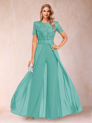 A-Line/Princess Scoop Short Sleeves Jumpsuit with Applique