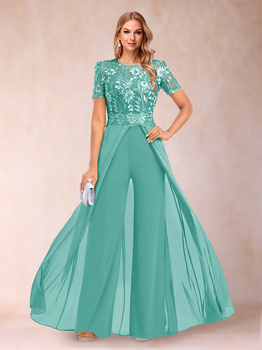 A-Line/Princess Scoop Short Sleeves 2 Pieces Pantsuits with Applique