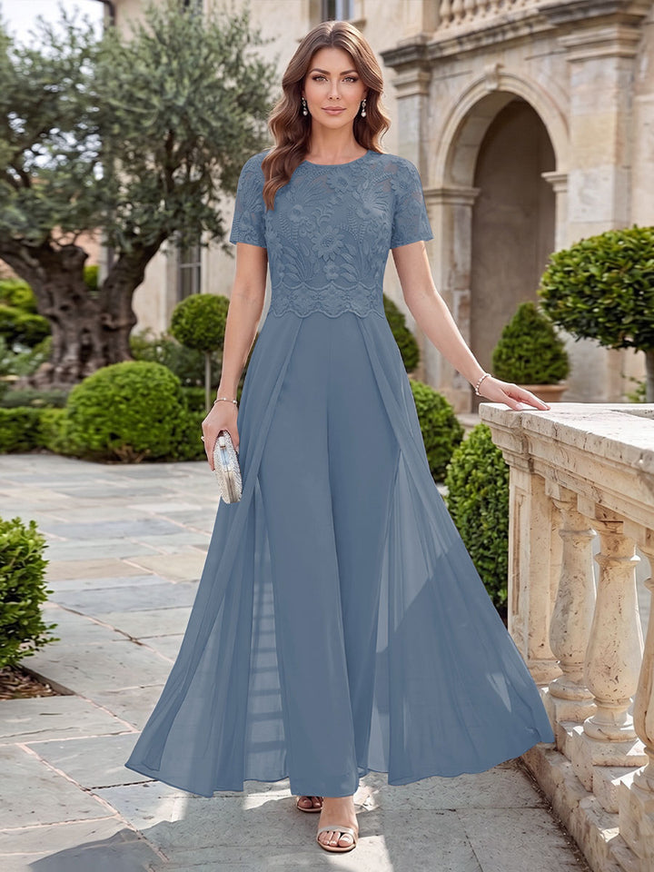 A-Line/Princess Scoop Short Sleeves Jumpsuit with Applique