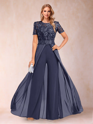 A-Line/Princess Scoop Short Sleeves Jumpsuit with Applique