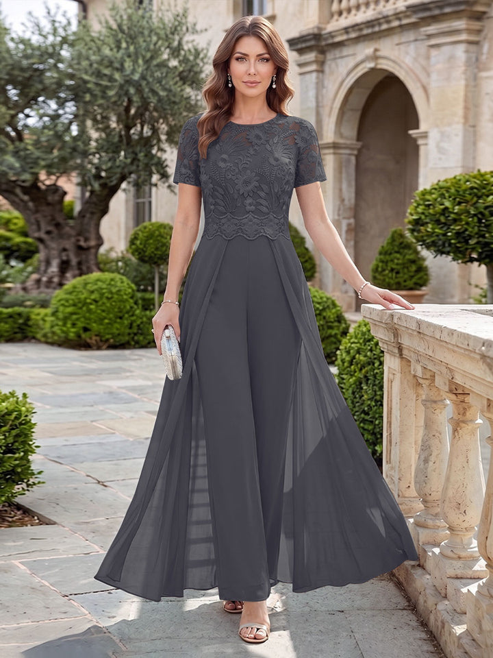 A-Line/Princess Scoop Short Sleeves Jumpsuit with Applique