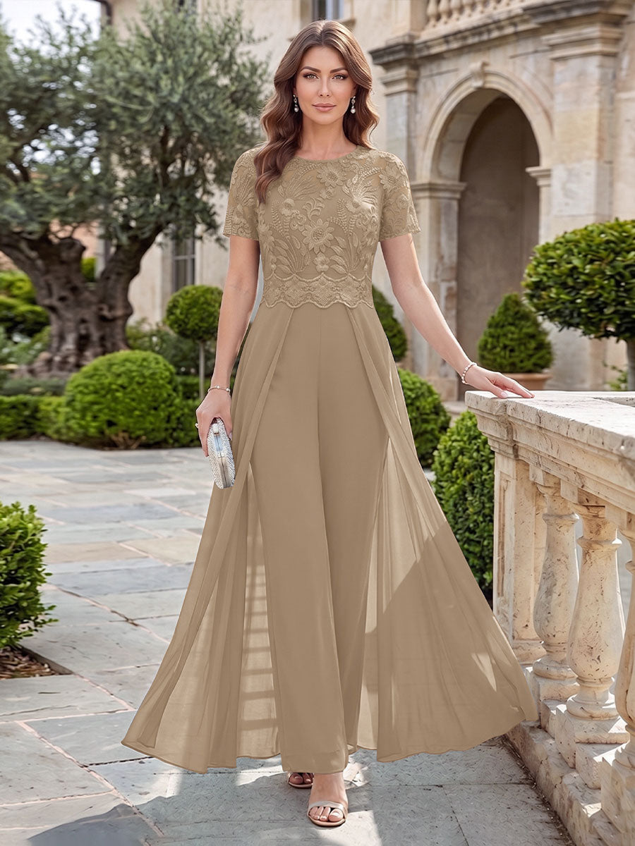 A-Line/Princess Scoop Short Sleeves Jumpsuit with Applique