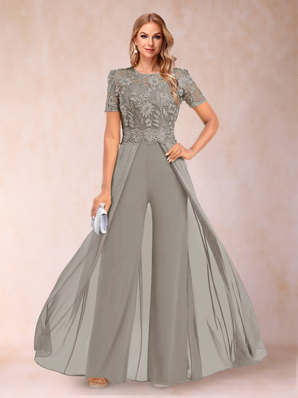 A-Line/Princess Scoop Short Sleeves Jumpsuit with Applique