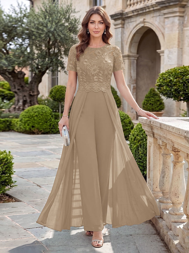 A-Line/Princess Scoop Short Sleeves Jumpsuit with Applique